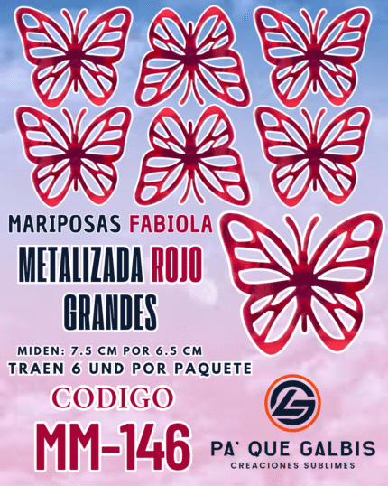 Mariposas Grandes Fabiola Rojo metalizadas 1 paquete contiene 6 und. código MM-146