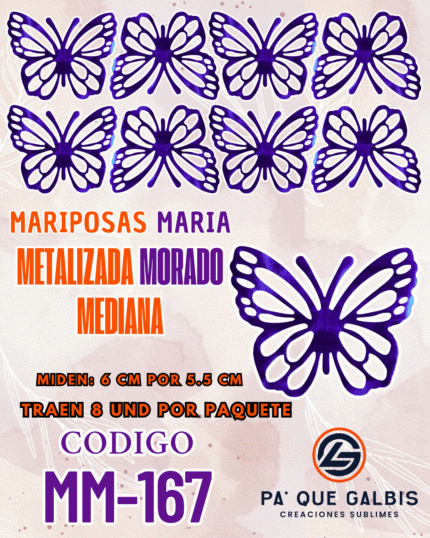 Mariposas Medianas Maria Morado metalizadas 1 paquete contiene 8 und. código MM-167