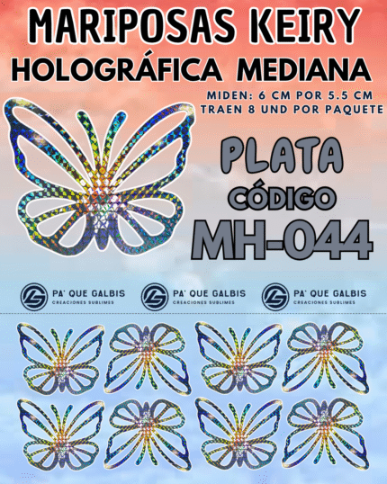 Mariposas Medianas Keiry Plateado Holográfica 1 paquete contiene 8 und. código MH-044