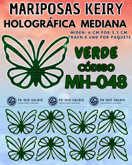 Mariposas Medianas Keiry Verde Holográfica 1 paquete contiene 8 und. código MH-048