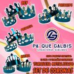 SET DE CORONAS TURQUESA METALIZADA 1 PAQUETE CONTIENE 12 UND CON 3 TAMAÑOS DIFERENTES