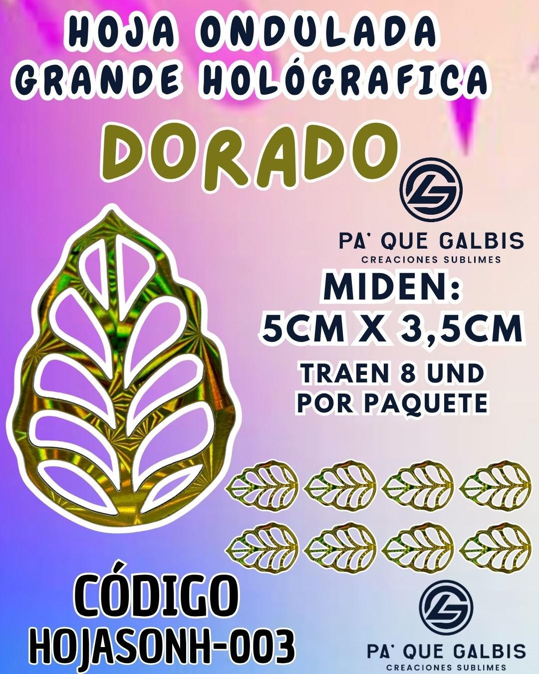 1001501406.jpg HOJAS GRANDES ONDULADA DORADO HOLOGRÁFICAS 1 PAQUETE CONTIENE 8 UND CÓDIGO HOJASONH-003 - Imagen 1