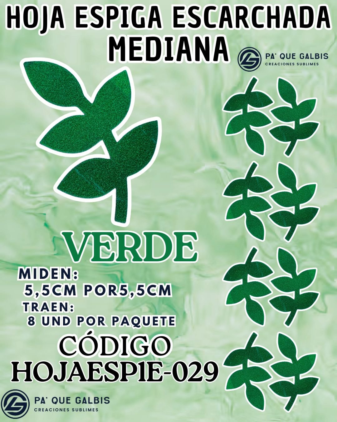 1001501459.jpg HOJAS MEDIANAS ESPIGA VERDE ESCARCHADAS 1 PAQUETE CONTIENE 8 UND CÓDIGO HOJAESP1M-020 - Imagen 1