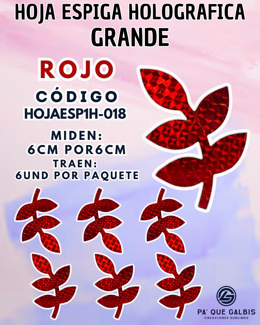 1001501485.jpg HOJAS GRANDES ESPIGA ROJO HOLOGRÁFICAS 1 PAQUETE CONTIENE 6 UND CÓDIGO HOJAESP1M-018 - Imagen 1