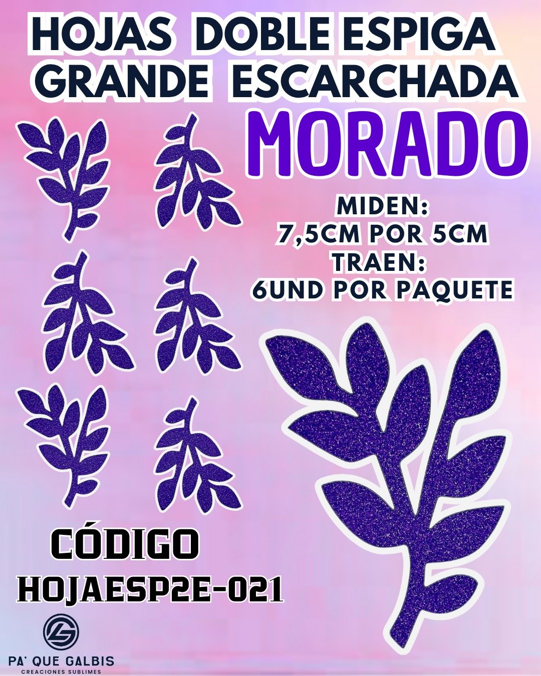 1001563435.jpg HOJAS GRANDES DOBLE ESPIGA MORADO ESCARCHADAS 1 PAQUETE CONTIENE 6 UND CÓDIGO HOJAESP2E-021 - Imagen 1