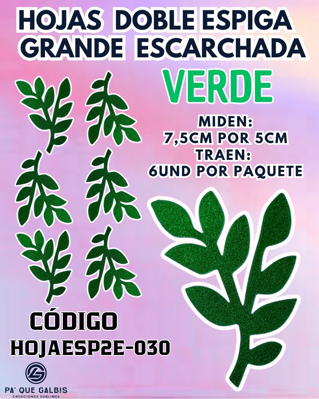 1001563438.jpg HOJAS GRANDES DOBLE ESPIGA VERDE ESCARCHADAS 1 PAQUETE CONTIENE 6 UND CÓDIGO HOJAESP2E-030 - Imagen 1