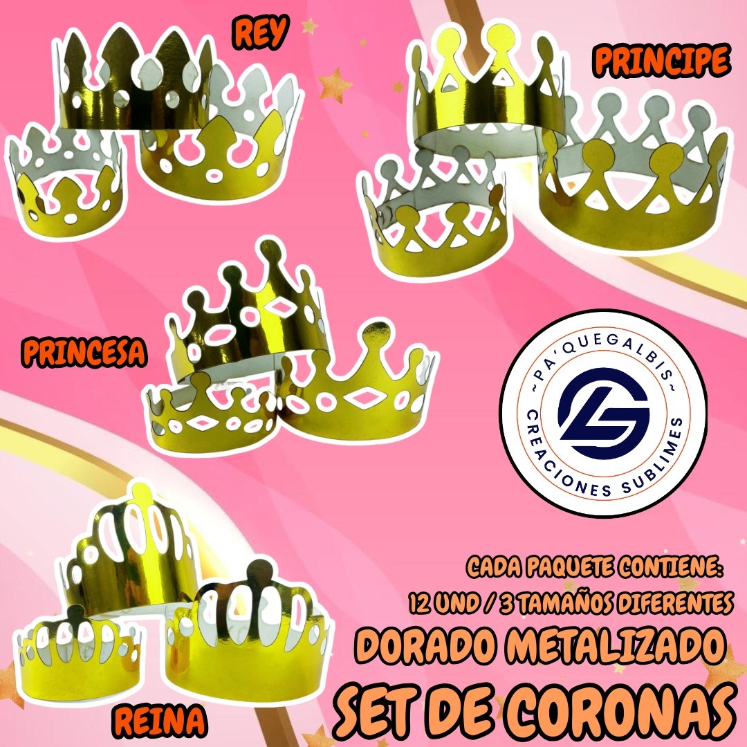 2025/07/1001569757.jpg SET DE CORONAS DORADO METALIZADA 1 PAQUETE CONTIENE 12 UND CON 3 TAMAÑOS DIFERENTES - Imagen 1