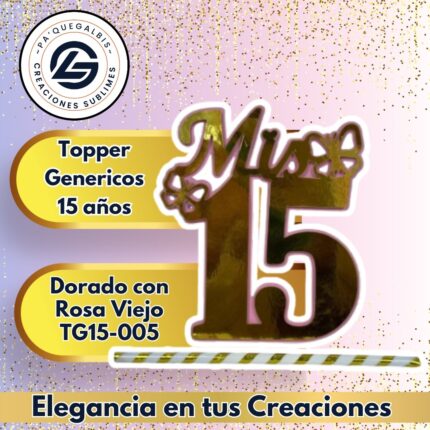 Topper Generico 15 años Dorado con Rosa Viejo #TG15-005