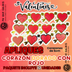 Apliques Corazón Rojo con Dorado 6cm X12unid