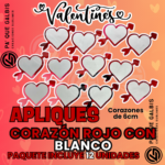 Apliques Corazón Blanco con Rojo 6cm X12unid